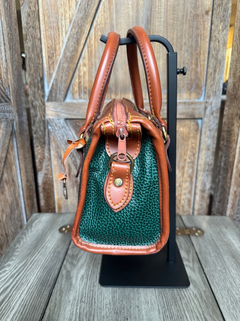 Dooney & Bourke Vintage Green and Brown Pebbled Leather Satchel Tote Handbag - Picture 2 of 14